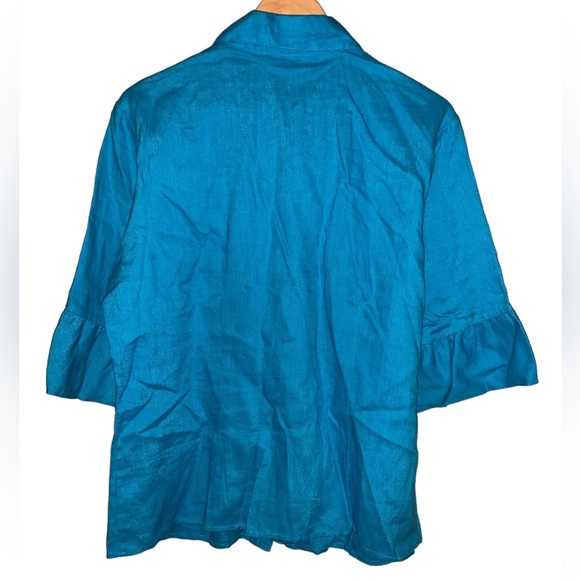 Choices woman 1X linen collared blouse blue full button flutter sleeve - Picture 5 of 8